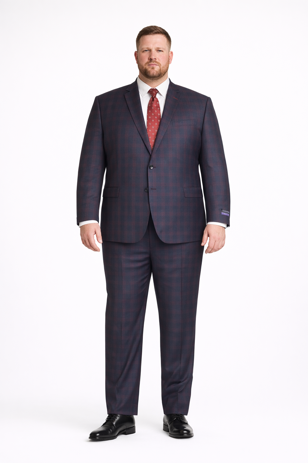 Mens Plaid Suits - Windowpane Wool Suits - Navy Blue with Dark Burgundy Pattern - Business Wool Suit Available in Classic or modern fit-New Designer Collection