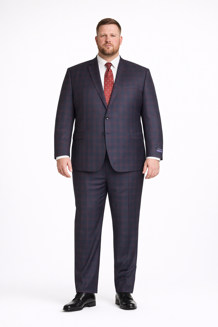 Mens Plaid Suits - Windowpane Wool Suits - Navy Blue with Dark Burgundy Pattern - Business Wool Suit Available in Classic or modern fit-New Designer Collection