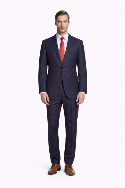 Mens Plaid Suits - Windowpane Wool Suits - Navy Blue with Dark Burgundy Pattern - Business Wool Suit Available in Classic or modern fit-New Designer Collection