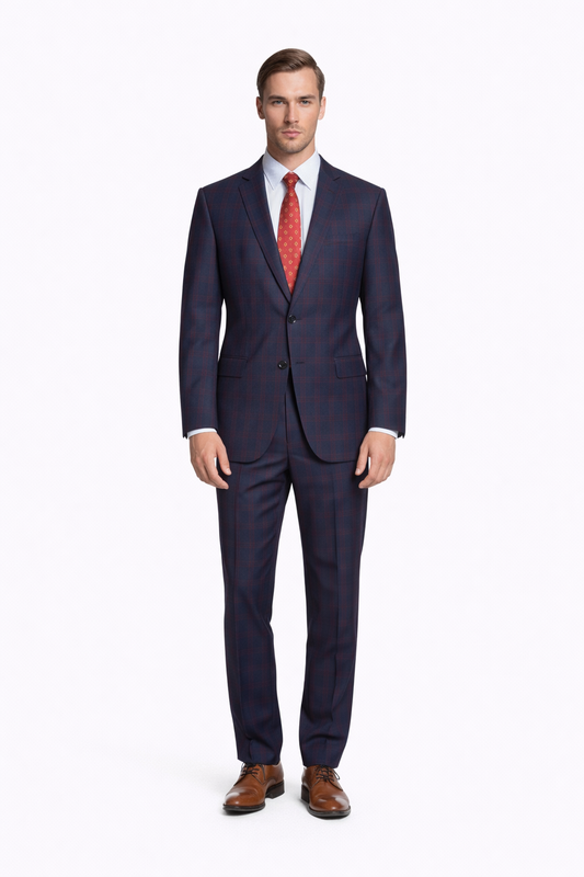 Mens Plaid Suits - Windowpane Wool Suits - Navy Blue with Dark Burgundy Pattern - Business Wool Suit Available in Classic or modern fit-New Designer Collection