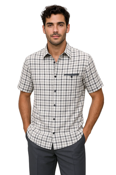Mens Plaid Walking Suit in grey by Dreams by Zacchi â€“ 2 Piece Leisure Outfit with Matching Shirt and Pants - $99