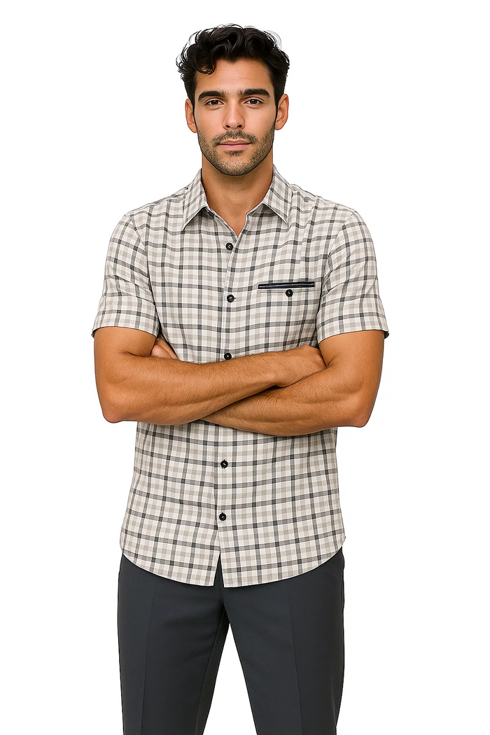 Mens Plaid Walking Suit in grey by Dreams by Zacchi â€“ 2 Piece Leisure Outfit with Matching Shirt and Pants - $99