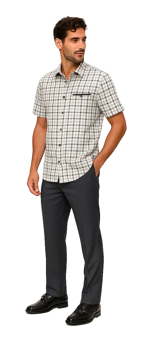 Mens Plaid Walking Suit in grey by Dreams by Zacchi â€“ 2 Piece Leisure Outfit with Matching Shirt and Pants - $99