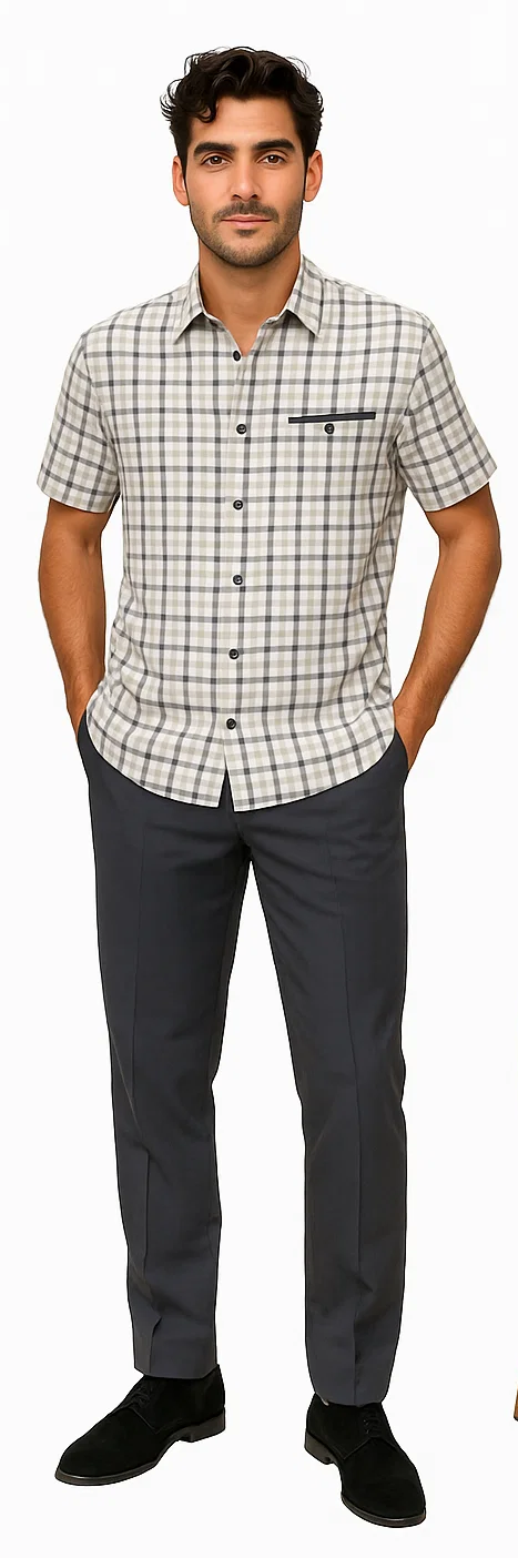 Mens Plaid Walking Suit in grey by Dreams by Zacchi â€“ 2 Piece Leisure Outfit with Matching Shirt and Pants - $99