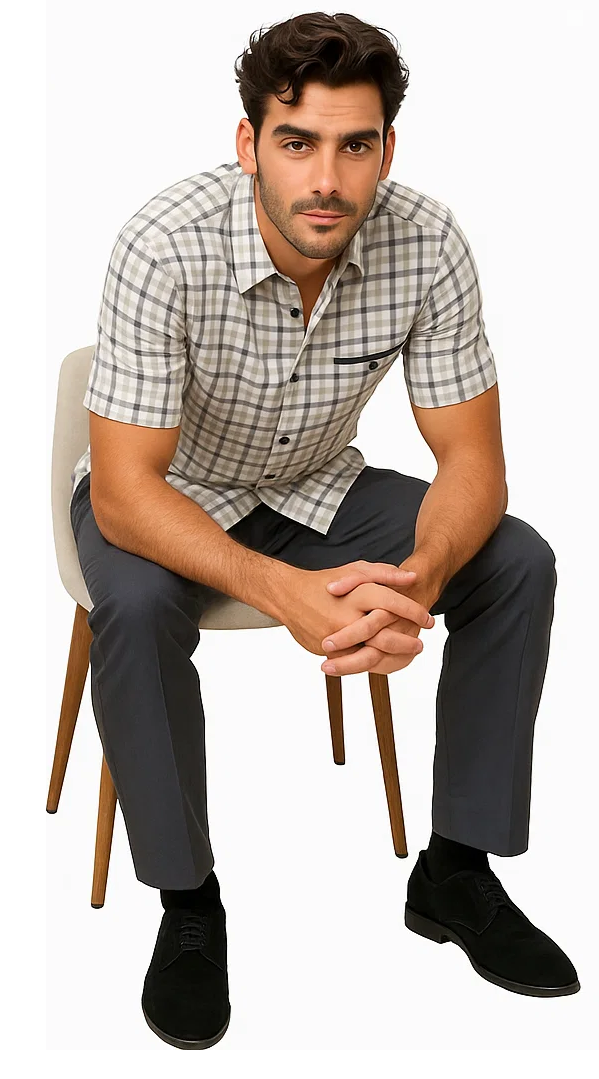 Mens Plaid Walking Suit in grey by Dreams by Zacchi â€“ 2 Piece Leisure Outfit with Matching Shirt and Pants - $99