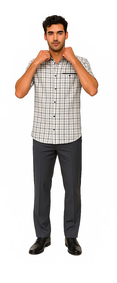 Mens Plaid Walking Suit in grey by Dreams by Zacchi â€“ 2 Piece Leisure Outfit with Matching Shirt and Pants - $99