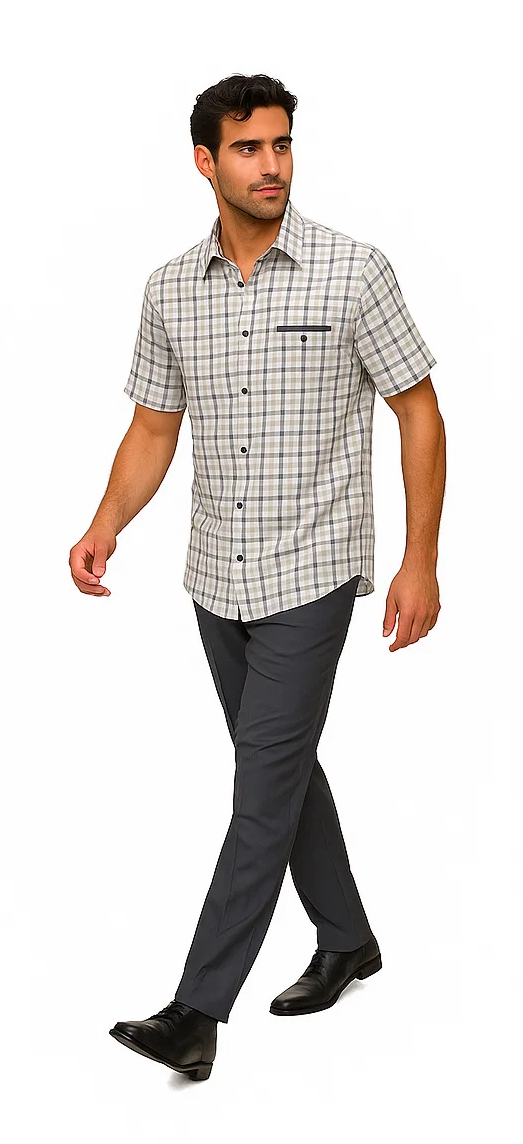 Mens Plaid Walking Suit in grey by Dreams by Zacchi â€“ 2 Piece Leisure Outfit with Matching Shirt and Pants - $99