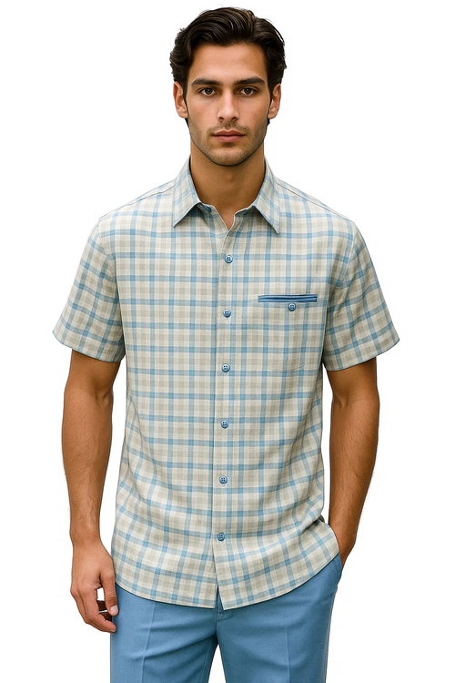 Mens Plaid Walking Suit in Powder Blue by Dreams by Zacchi â€“ 2 Piece Leisure Outfit with Matching shirt and pant -$99
