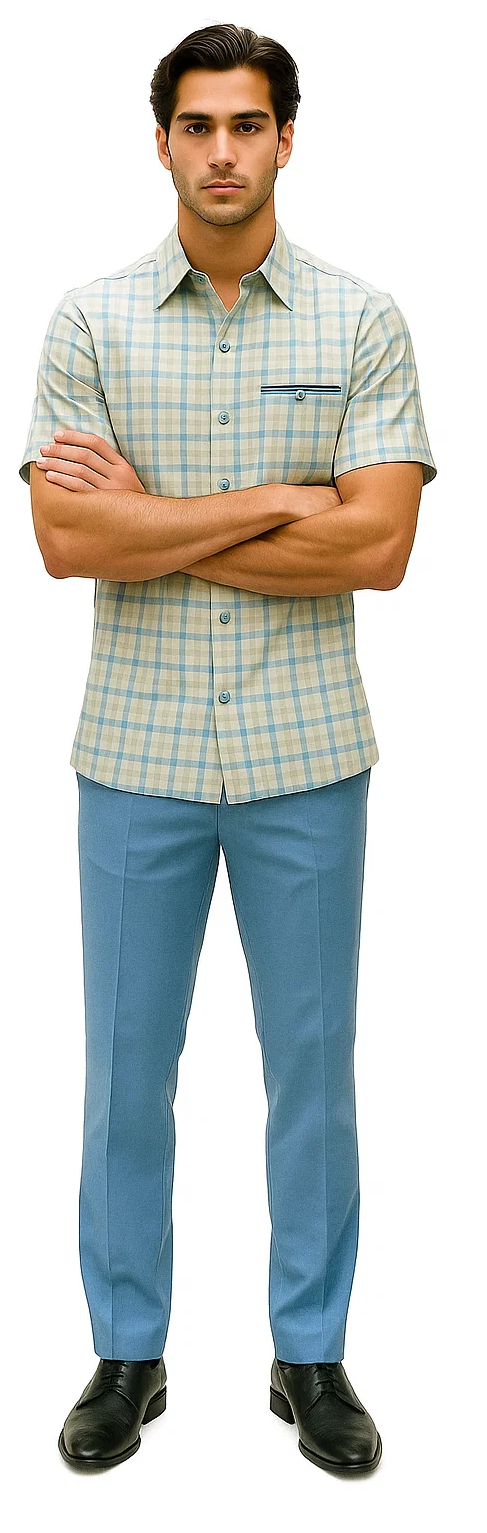 Mens Plaid Walking Suit in Powder Blue by Dreams by Zacchi â€“ 2 Piece Leisure Outfit with Matching shirt and pant -$99