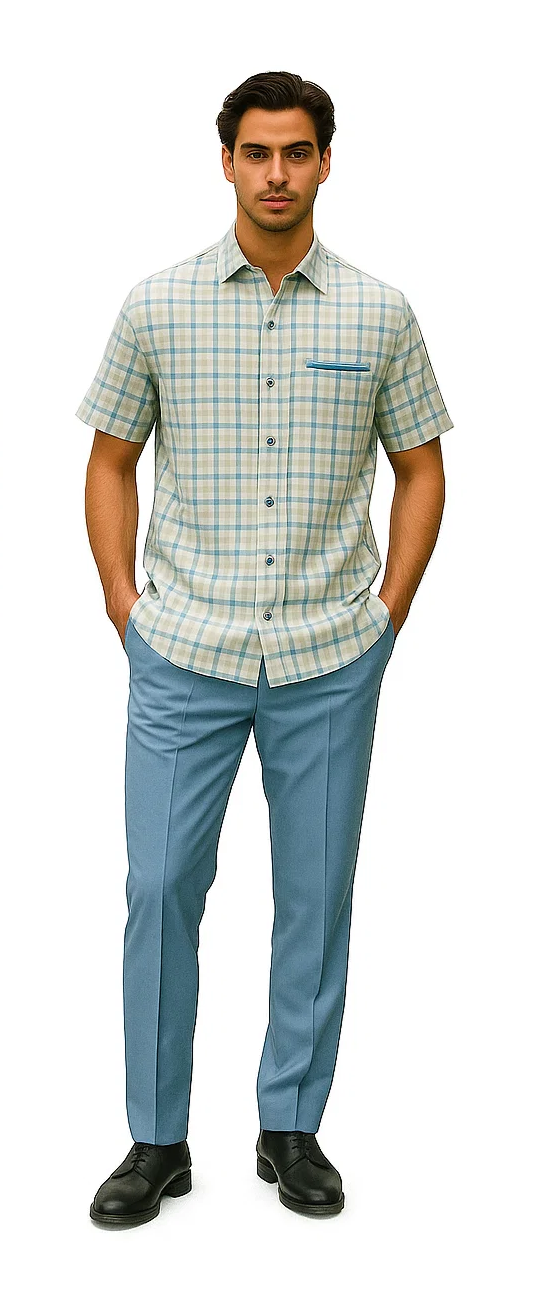 Mens Plaid Walking Suit in Powder Blue by Dreams by Zacchi â€“ 2 Piece Leisure Outfit with Matching shirt and pant -$99