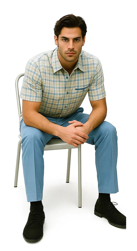 Mens Plaid Walking Suit in Powder Blue by Dreams by Zacchi â€“ 2 Piece Leisure Outfit with Matching shirt and pant -$99