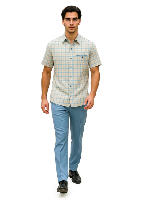 Mens Plaid Walking Suit in Powder Blue by Dreams by Zacchi â€“ 2 Piece Leisure Outfit with Matching shirt and pant -$99