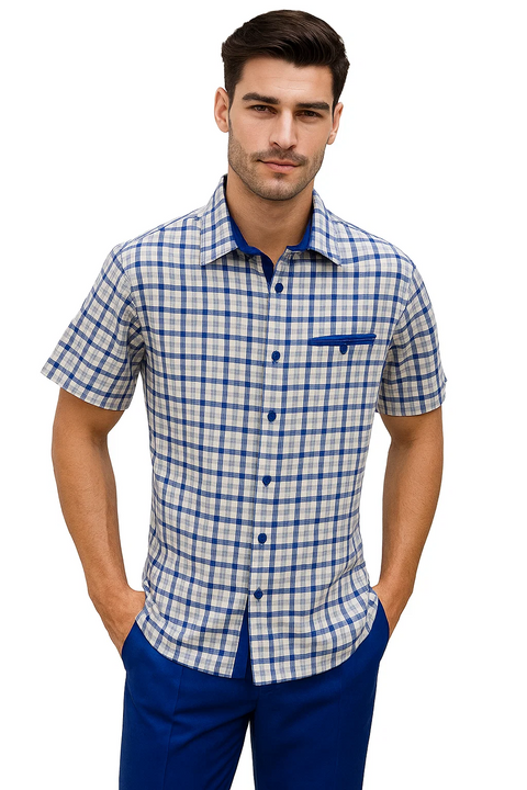 Mens Plaid Walking Suit in royal by Dreams Zacchi – 2 Piece Leisure Outfit with Matching Shirt- and pant -$99