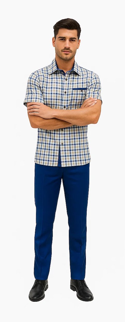 Mens Plaid Walking Suit in royal by Dreams Zacchi â€“ 2 Piece Leisure Outfit with Matching Shirt- and pant -$99