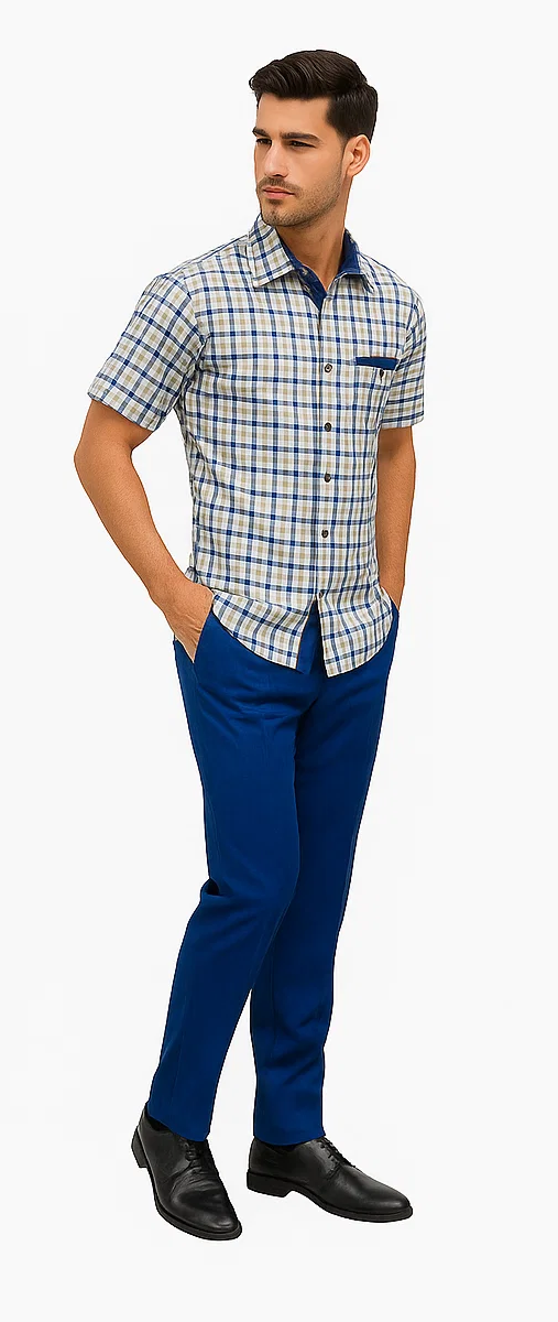 Mens Plaid Walking Suit in royal by Dreams Zacchi â€“ 2 Piece Leisure Outfit with Matching Shirt- and pant -$99