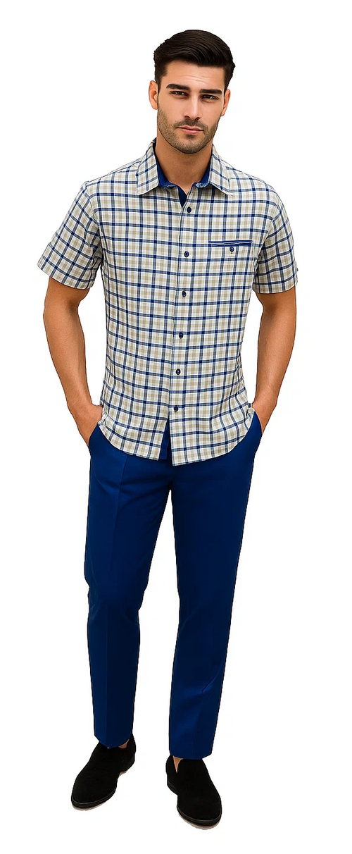 Mens Plaid Walking Suit in royal by Dreams Zacchi â€“ 2 Piece Leisure Outfit with Matching Shirt- and pant -$99