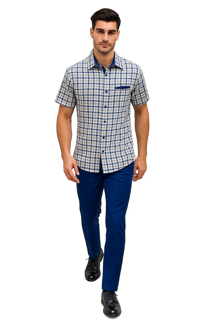 Mens Plaid Walking Suit in royal by Dreams Zacchi â€“ 2 Piece Leisure Outfit with Matching Shirt- and pant -$99
