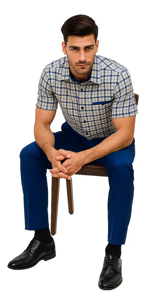 Mens Plaid Walking Suit in royal by Dreams Zacchi â€“ 2 Piece Leisure Outfit with Matching Shirt- and pant -$99