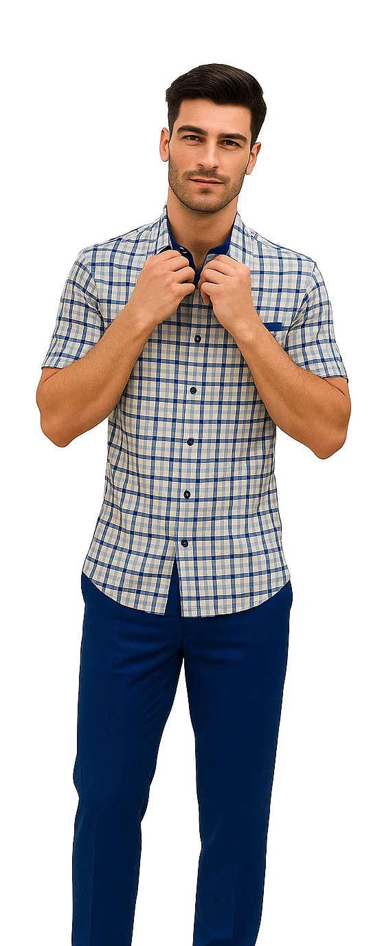 Mens Plaid Walking Suit in royal by Dreams Zacchi â€“ 2 Piece Leisure Outfit with Matching Shirt- and pant -$99