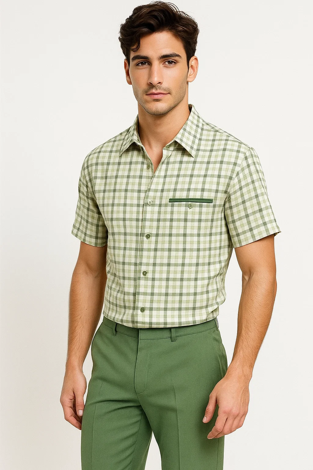 Mens Plaid Walking Suit in sage by Dreams by Zacchi â€“ 2 Piece Leisure Outfit with Matching Shirt and pant -$99