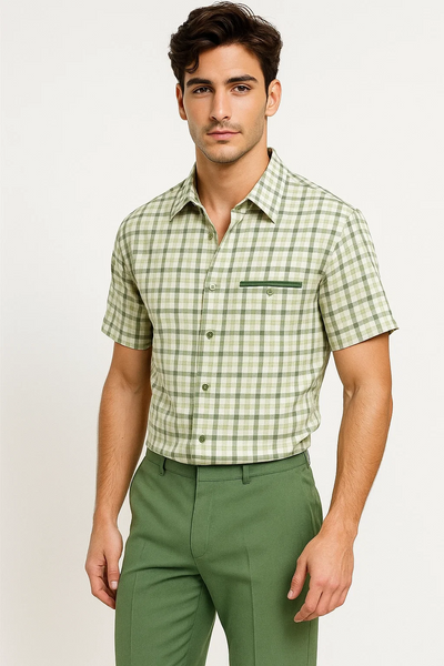 Mens Plaid Walking Suit in sage by Dreams by Zacchi â€“ 2 Piece Leisure Outfit with Matching Shirt and pant -$99
