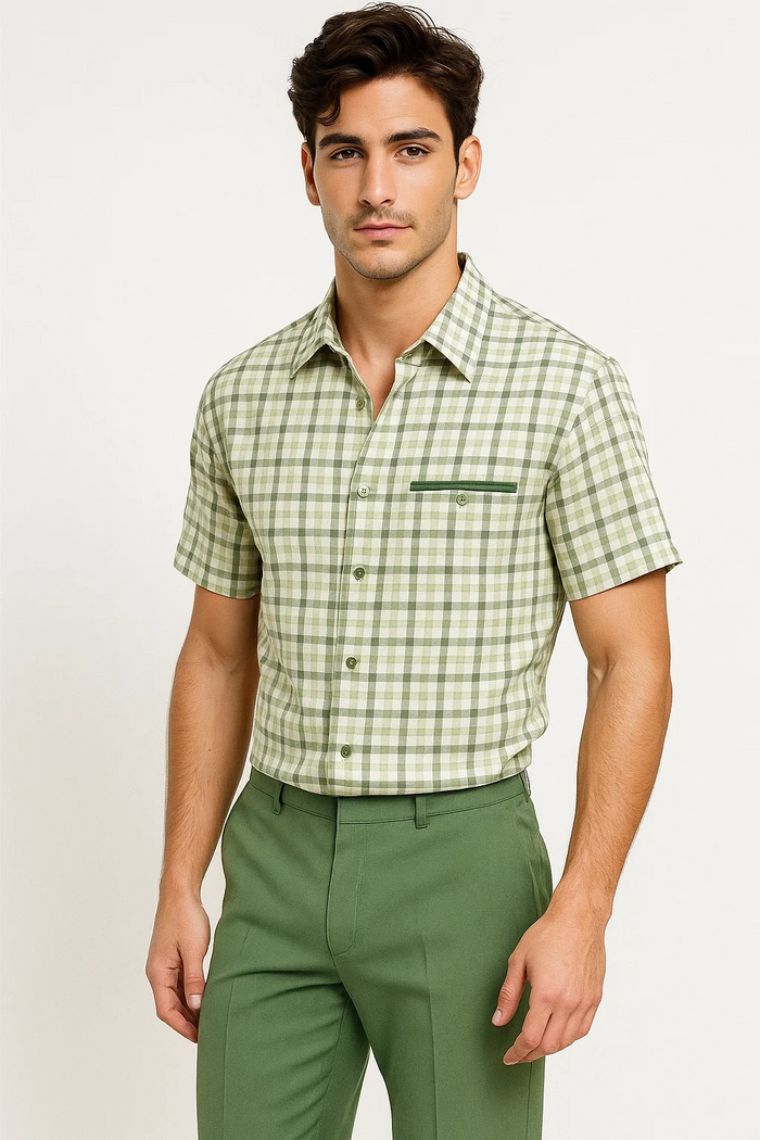 Mens Plaid Walking Suit in sage by Dreams by Zacchi â€“ 2 Piece Leisure Outfit with Matching Shirt and pant -$99