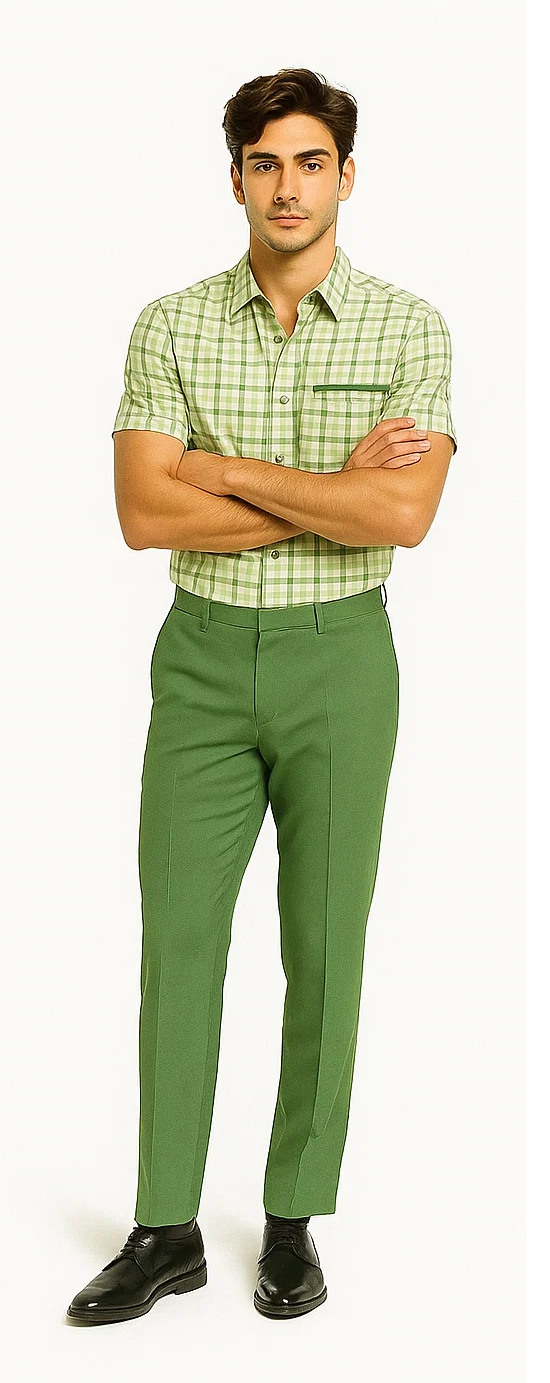Mens Plaid Walking Suit in sage by Dreams by Zacchi â€“ 2 Piece Leisure Outfit with Matching Shirt and pant -$99