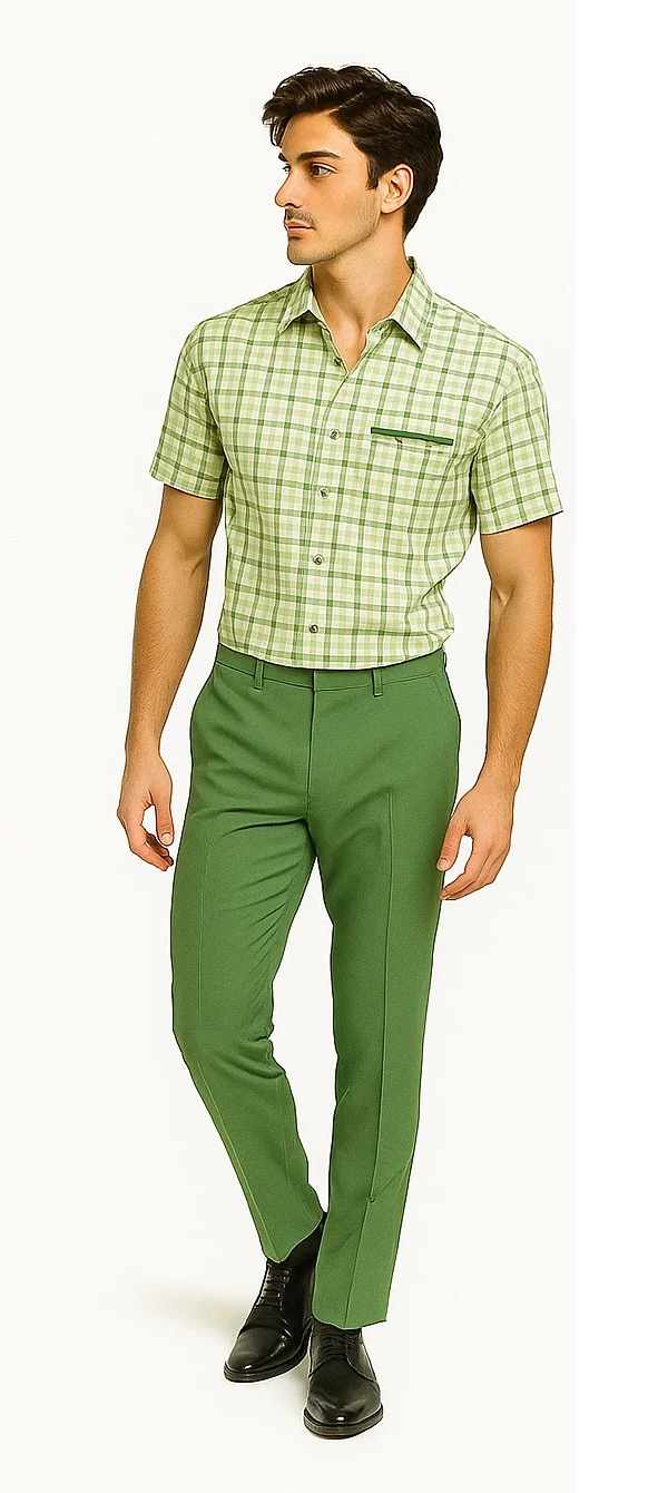 Mens Plaid Walking Suit in sage by Dreams by Zacchi â€“ 2 Piece Leisure Outfit with Matching Shirt and pant -$99