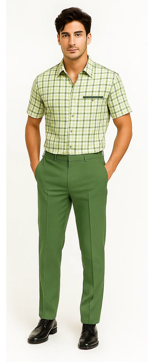 Mens Plaid Walking Suit in sage by Dreams by Zacchi â€“ 2 Piece Leisure Outfit with Matching Shirt and pant -$99