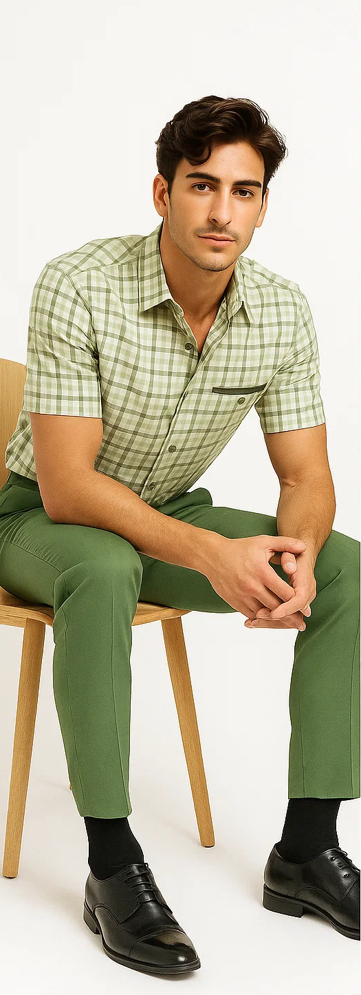 Mens Plaid Walking Suit in sage by Dreams by Zacchi â€“ 2 Piece Leisure Outfit with Matching Shirt and pant -$99