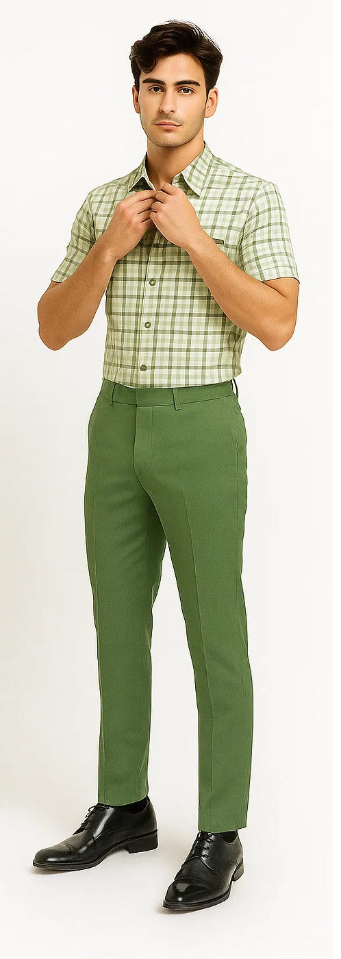 Mens Plaid Walking Suit in sage by Dreams by Zacchi â€“ 2 Piece Leisure Outfit with Matching Shirt and pant -$99