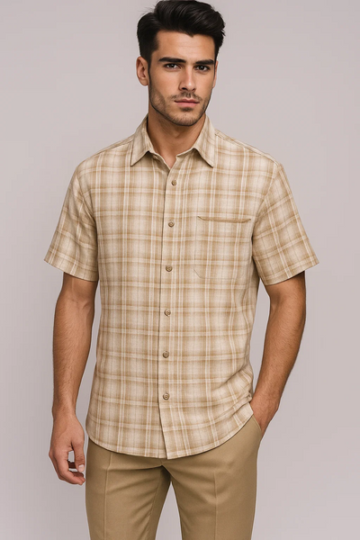 Mens Plaid Walking Suit in tan by Dreams by Zacchi â€“ 2 Piece Leisure Outfit with Matching shirt and pant -$99