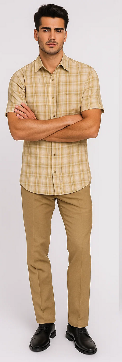 Mens Plaid Walking Suit in tan by Dreams by Zacchi â€“ 2 Piece Leisure Outfit with Matching shirt and pant -$99