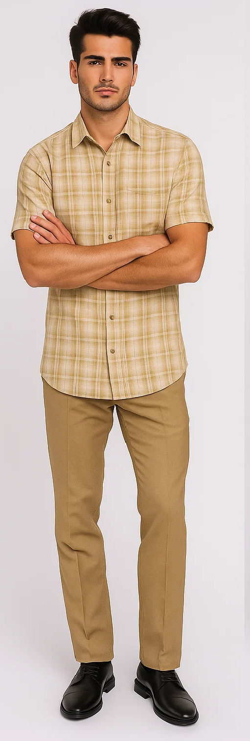 Mens Plaid Walking Suit in tan by Dreams by Zacchi â€“ 2 Piece Leisure Outfit with Matching shirt and pant -$99