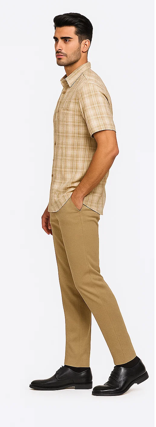 Mens Plaid Walking Suit in tan by Dreams by Zacchi â€“ 2 Piece Leisure Outfit with Matching shirt and pant -$99