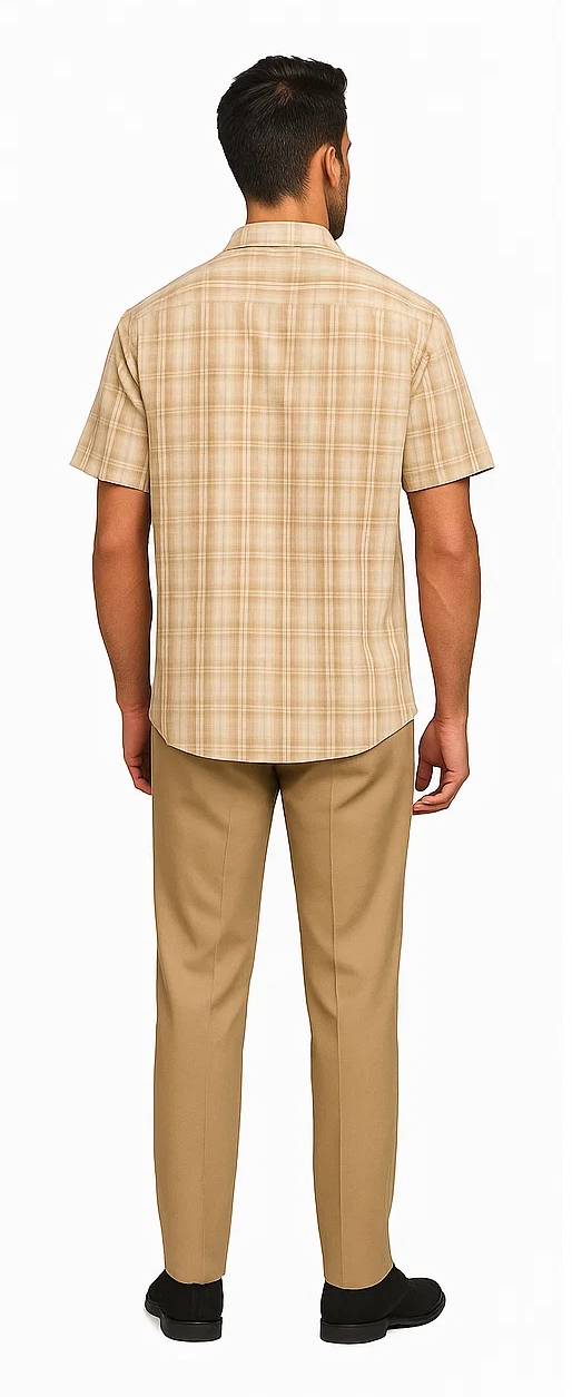 Mens Plaid Walking Suit in tan by Dreams by Zacchi – 2 Piece Leisure Outfit with Matching shirt and pant -$99 - S/30