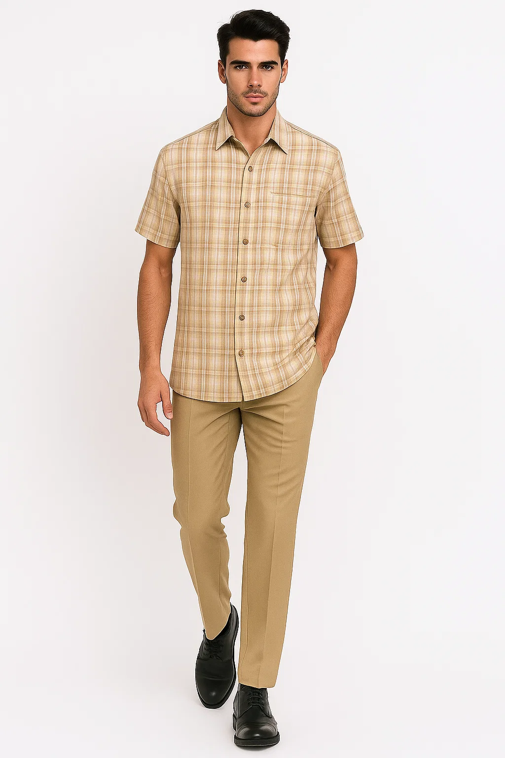 Mens Plaid Walking Suit in tan by Dreams by Zacchi – 2 Piece Leisure Outfit with Matching shirt and pant -$99 - S/30