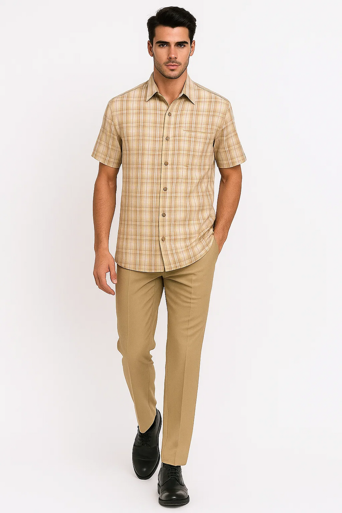 Mens Plaid Walking Suit in tan by Dreams by Zacchi â€“ 2 Piece Leisure Outfit with Matching shirt and pant -$99