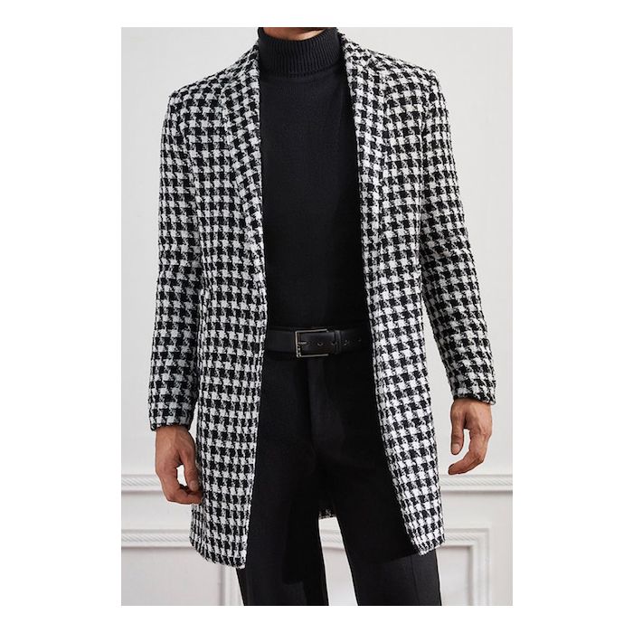 Mens Plaid Overcoat - Hounstooth Checker Pattern Topcoat - Black