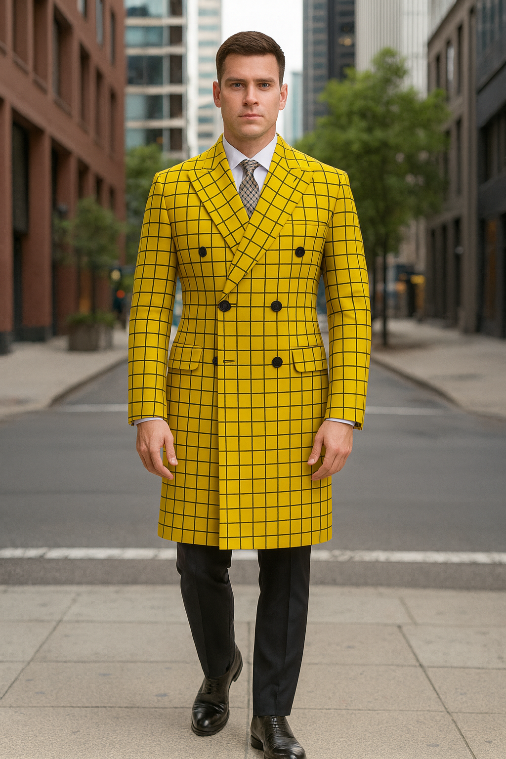 Mens Plaid Overcoat - Wool Peacoat - Plaid Topcoats Yellow - Coat Size 38