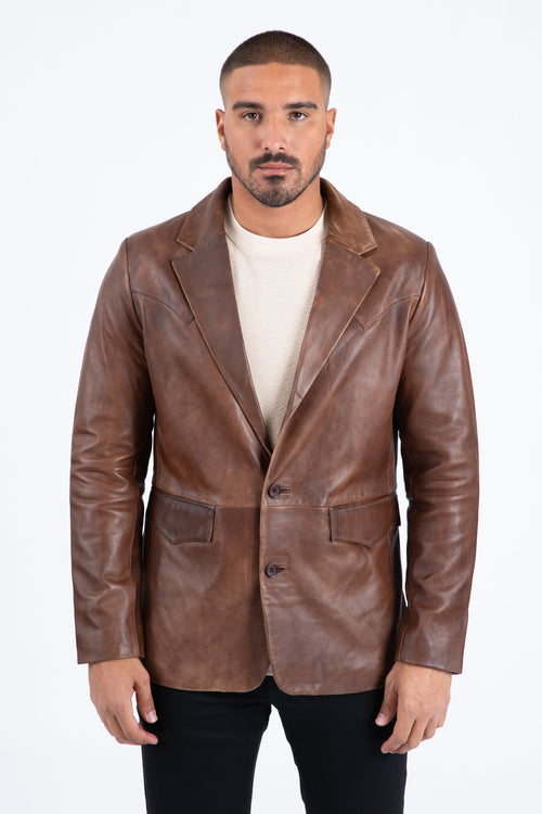 Mens Platini Western Leather Jacket Brown - Vintage Cowboy Style