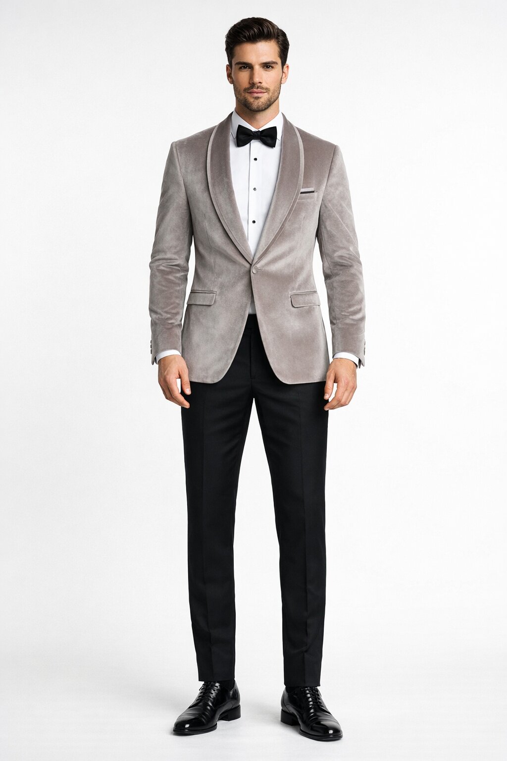 Men's Platinum Velvet Dinner Jacket with Satin Shawl Lapel | Formal Wedding Prom Blazer - 36 Short