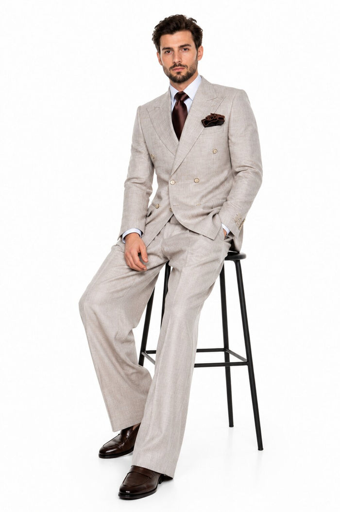 Suits With Baggy Pleated Pants - Wide Leg Pants 100% Wool - Classic Fit in  Light Brown Color by Rossiman