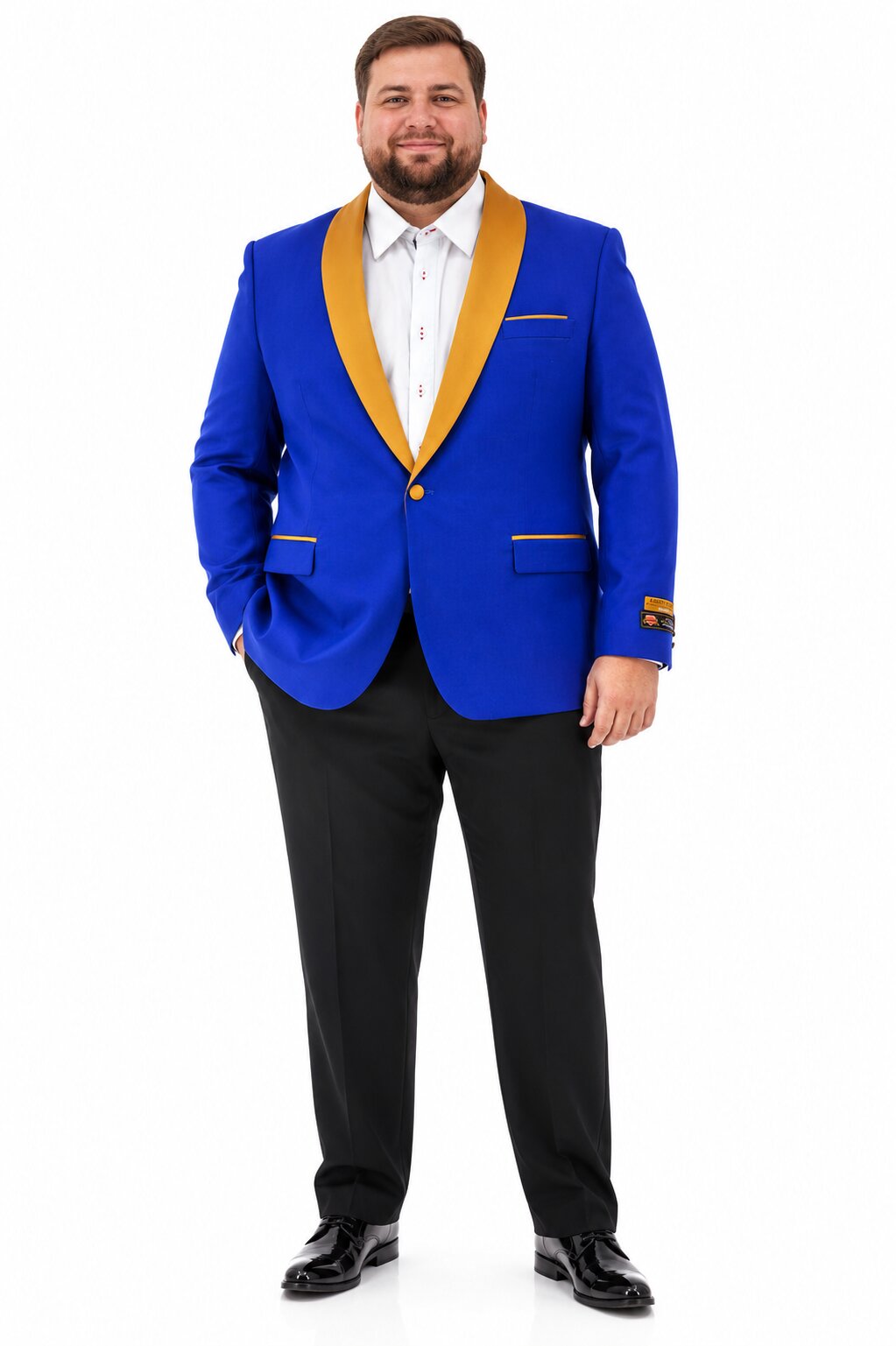 Mens Royal Blue Prom 2026 Tuxedo - Mens One Button Contrast Shawl Collar Dinner Jacket Royal Blue & Gold - 52 Long