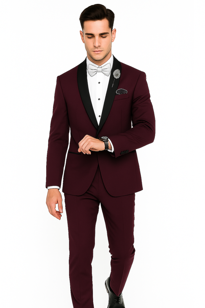 Men's Purple - Plum - Eggplant Jacket and Pants Two Button Shawl Lapel Tuxedo