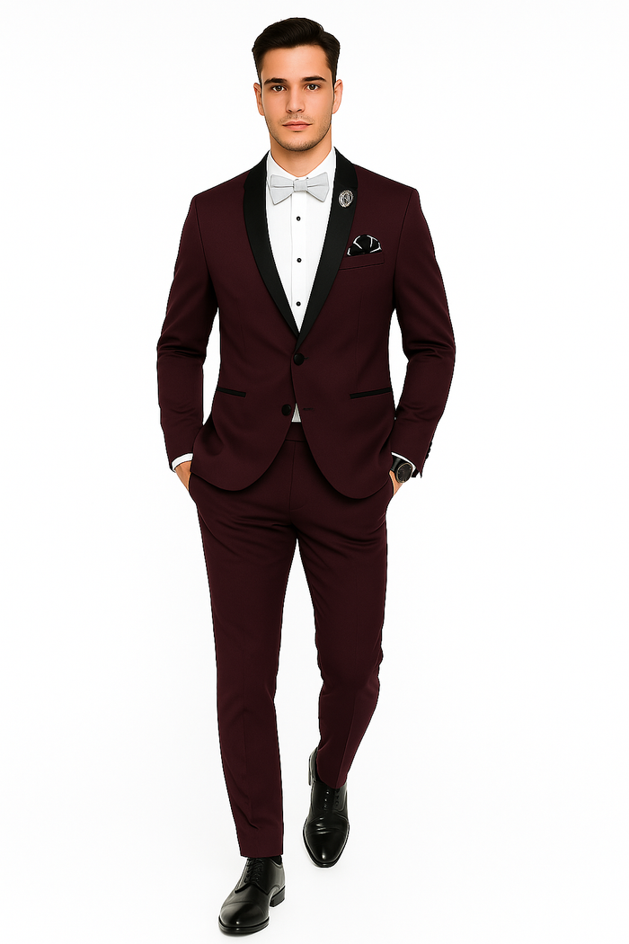 Men's Purple - Plum - Eggplant Jacket and Pants Two Button Shawl Lapel Tuxedo