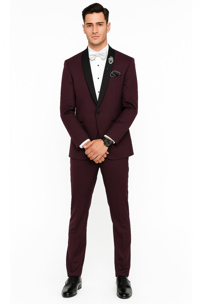 Men's Purple - Plum - Eggplant Jacket and Pants Two Button Shawl Lapel Tuxedo
