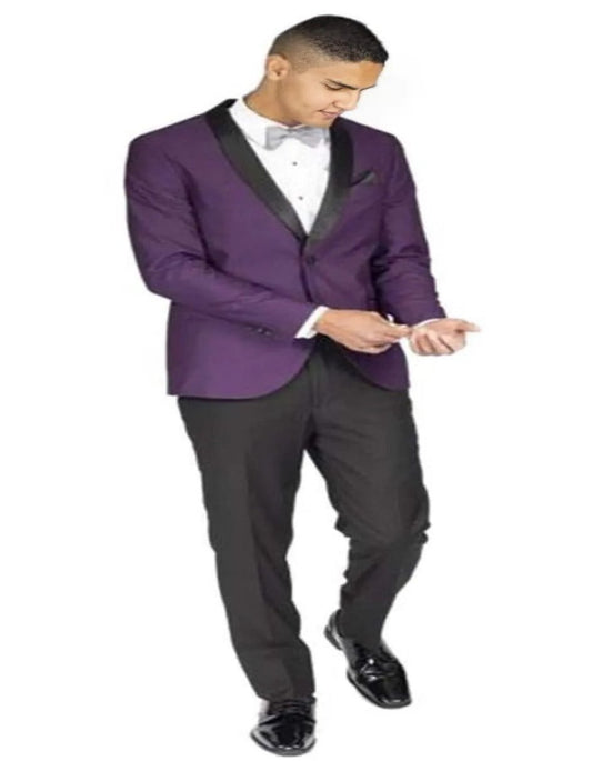 Mens One Button Purple Tuxedo With Pants and Bowtie Package