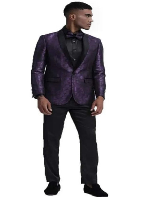 Mens Shawl Lapel Purple Tuxedo With Pants and Bowtie Package