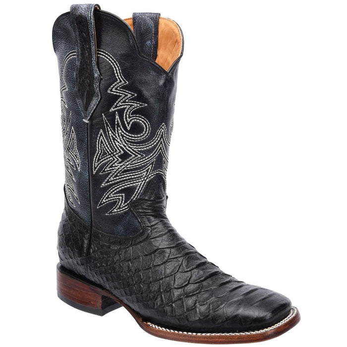 Men's Python Print Leather Square Toe Boots - Black - 6